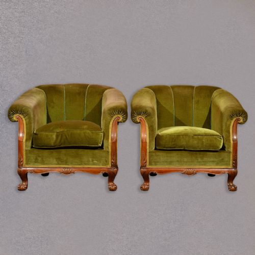 fig 1. Antique Pair of French Art Deco Armchairs, Velvet Upholstered Arm Chairs, c.1930