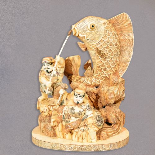 Japanese Okimono Figures & Fish Oriental Art Ornament Statue Carving