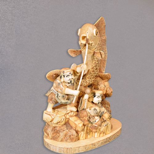 fig 3. Japanese Okimono Figures & Fish Oriental Art Ornament Statue Carving