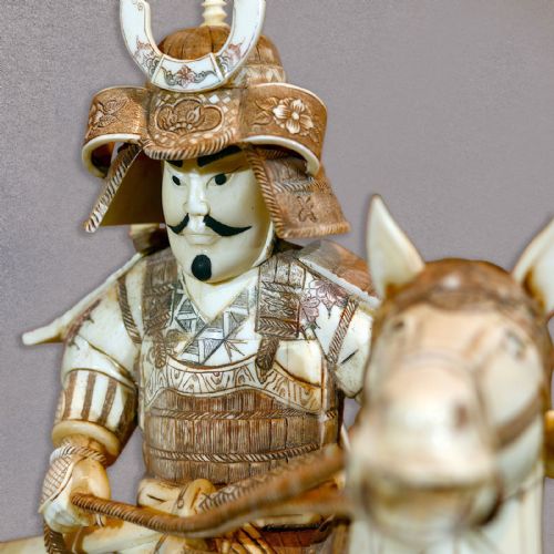 fig 2. Japanese Okimono Samurai on Horse Oriental Art Ornament Statue Carving
