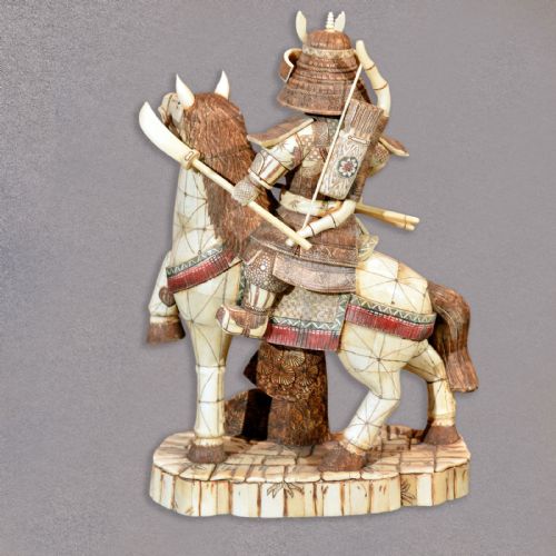 fig 3. Japanese Okimono Samurai on Horse Oriental Art Ornament Statue Carving