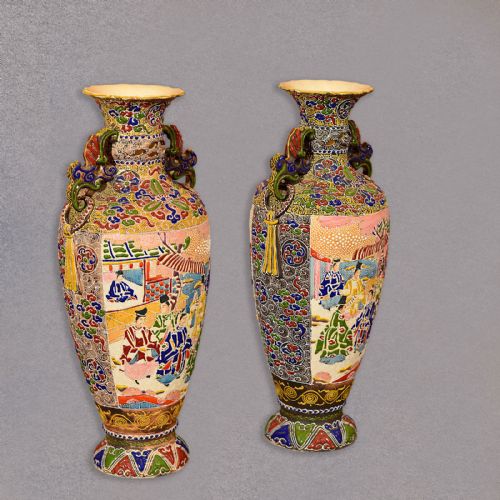 Pair of Japanese Moriage Vases, Slip Earthenware, Pots, Urns, Antique, Vintage
