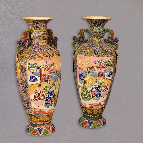 fig 1. Pair of Japanese Moriage Vases, Slip Earthenware, Pots, Urns, Antique, Vintage