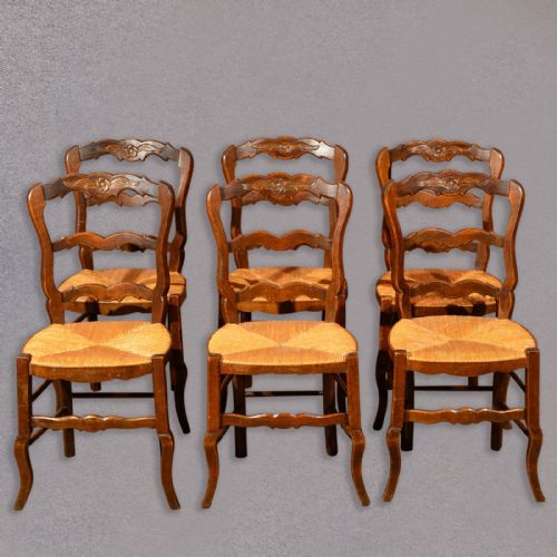 Set of Six Antique French Rush Seat Dining Chairs, Oak Country Kitchen, C.1900