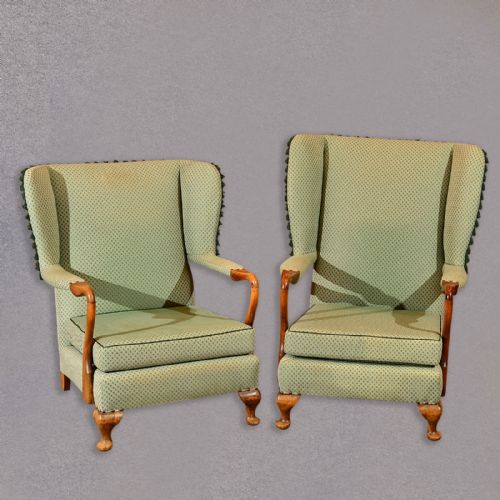 Vintage Pair of Art Deco Period Wing Chairs English Beech Upholstered Armchairs