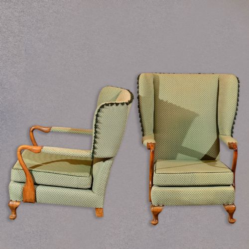 fig 1. Vintage Pair of Art Deco Period Wing Chairs English Beech Upholstered Armchairs