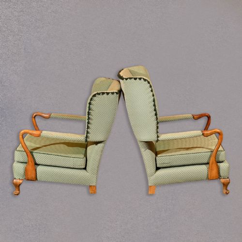 fig 2. Vintage Pair of Art Deco Period Wing Chairs English Beech Upholstered Armchairs