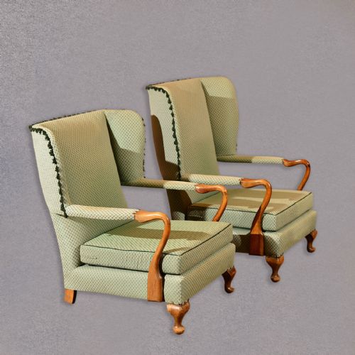 fig 3. Vintage Pair of Art Deco Period Wing Chairs English Beech Upholstered Armchairs