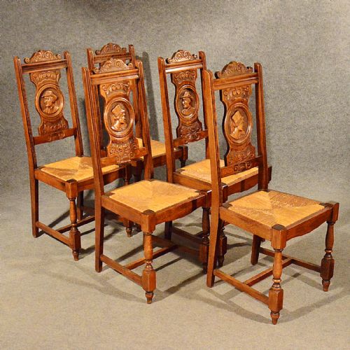 Antique Oak Dining or Kitchen Chairs Set of 5 Quality Comfy Rush Seats C1910