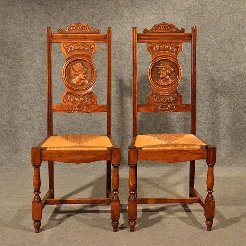 fig 2. Antique Oak Dining or Kitchen Chairs Set of 5 Quality Comfy Rush Seats c1910