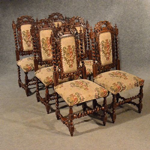 Antique Oak Chairs Set 6 Kitchen Dining Quality Victorian Jacobean Revival C1870