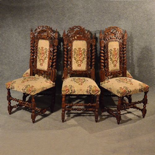 fig 2. Antique Oak Chairs Set 6 Kitchen Dining Quality Victorian Jacobean Revival c1870