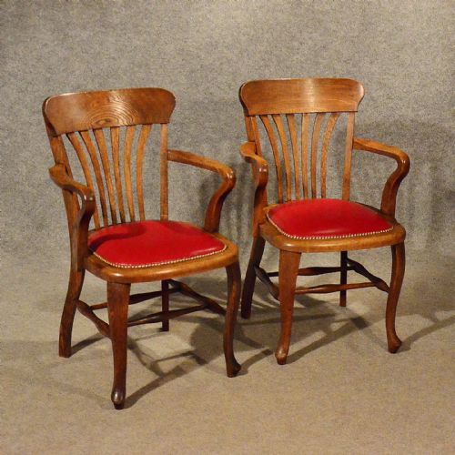 Antique Pair of Oak & Leather Desk Office Study Chairs English Edwardian C1910