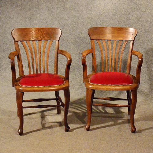 fig 2. Antique Pair of Oak & Leather Desk Office Study Chairs English Edwardian c1910