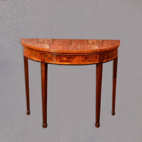 fig 1. Antique Demi-Lune Card Table, Fold Over Games, Burr Mahogany Side English c.1760