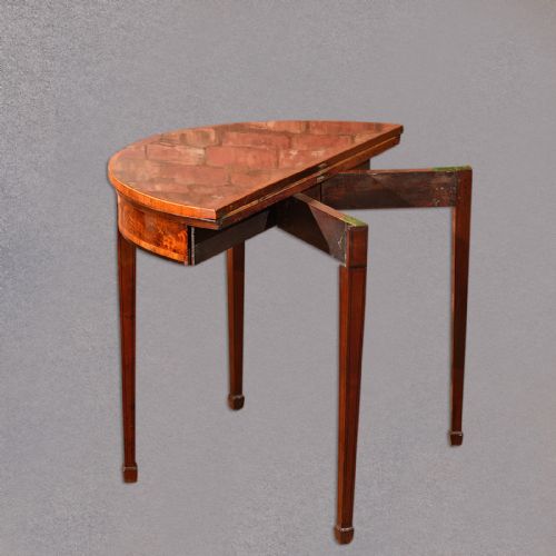 fig 2. Antique Demi-Lune Card Table, Fold Over Games, Burr Mahogany Side English c.1760