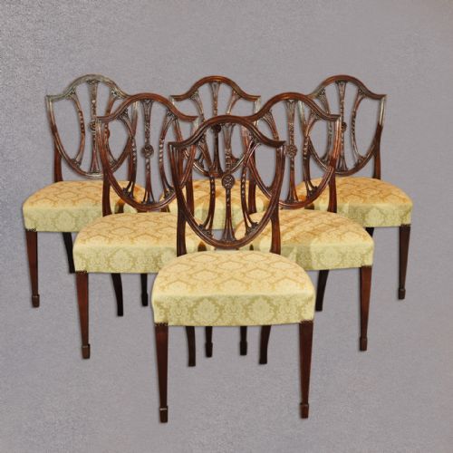 Antique Dining Chairs, Set of 6 Mahogany Shield Back, Hepplewhite Revival C19th