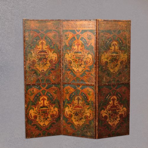 fig 1. Antique Leather Screen, 3 Fold, Photographer's Prop, Victorian Wall Panel c.1851