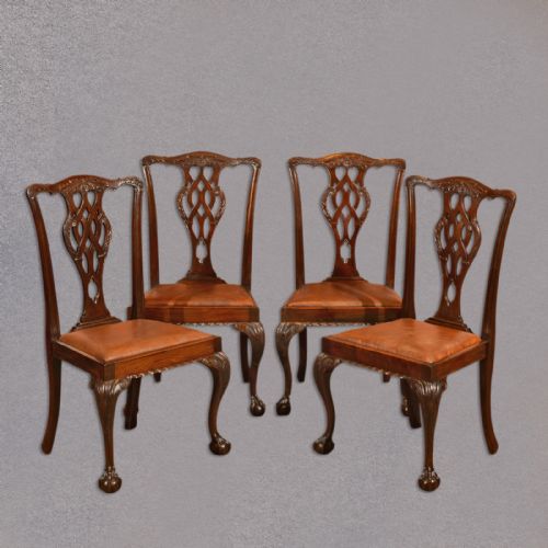 Antique Set of 4 Dining Chairs, Victorian Chippendale Revival, Mahogany, C.1880
