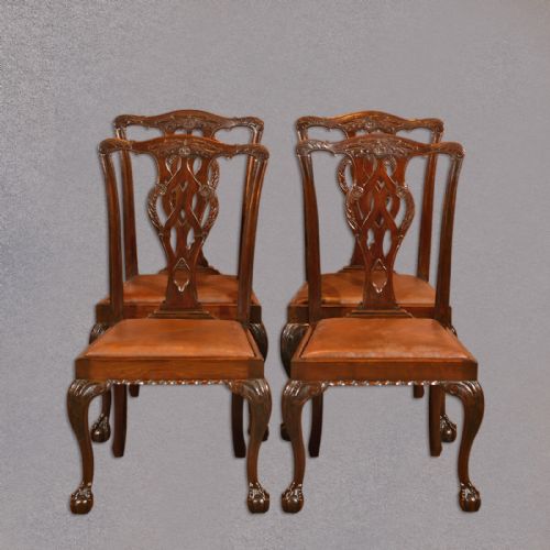 fig 1. Antique Set of 4 Dining Chairs, Victorian Chippendale Revival, Mahogany, c.1880