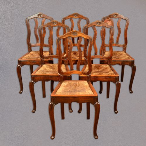 Antique Set of 6 Dining Chairs, French Country Kitchen, Oak, Rush Seats, C19th