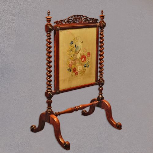 Antique, Fire Screen, English, Rosewood, Needlepoint, Textile, Victorian, C.1850