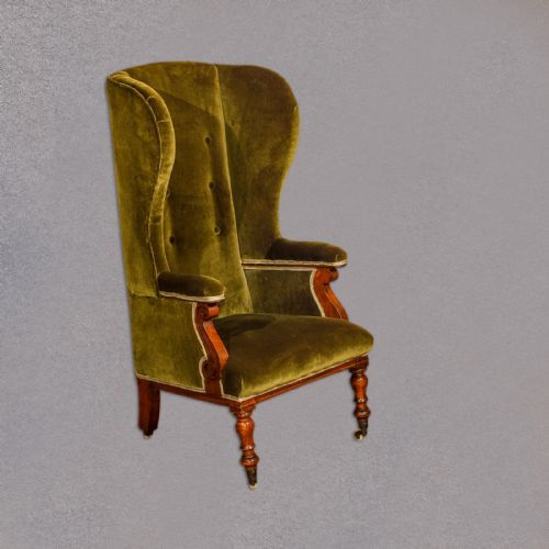 Victorian Wing Back Chair, Green Velvet C.1850