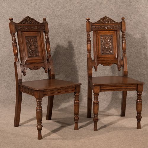 Antique Pair Oak Hall Side Dining Chairs Quality Carved English Victorian C1890