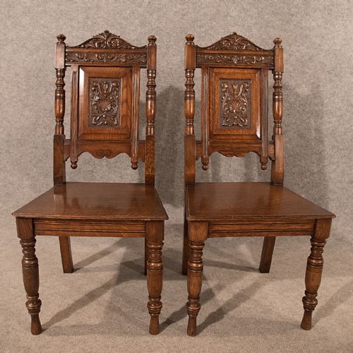fig 3. Antique Pair Oak Hall Side Dining Chairs Quality Carved English Victorian c1890