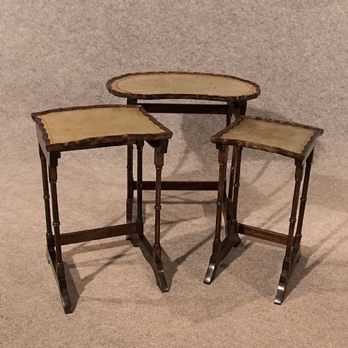 Antique Nest Side Wine Lamp Occasional Tables Leather Top Trio Edwardian C1910