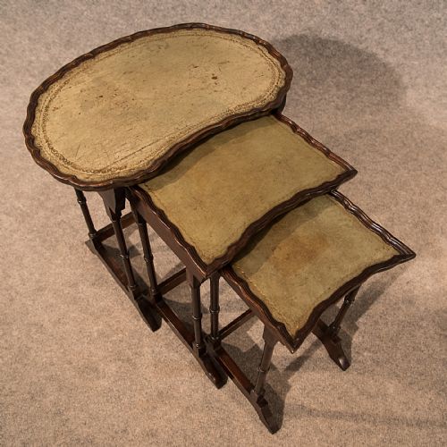 fig 2. Antique Nest Side Wine Lamp Occasional Tables Leather Top Trio Edwardian c1910