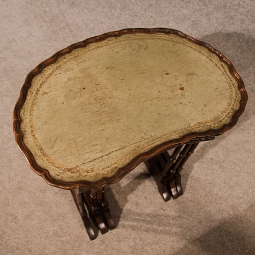 fig 3. Antique Nest Side Wine Lamp Occasional Tables Leather Top Trio Edwardian c1910