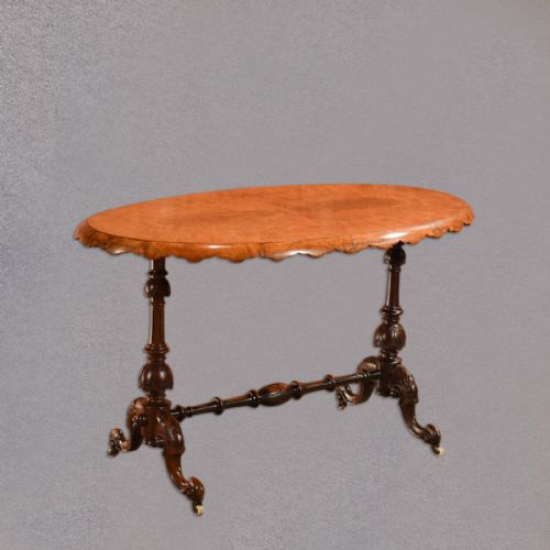 Victorian Burr Walnut Stretcher Table, C.1860