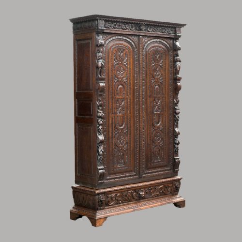 Antique Large 8' 2" Tall Oak French Wardrobe Armoire Carved Cabinet Larder C1850