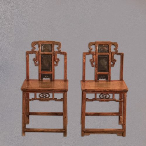 Antique Pair of Hall Chairs, Chinese Elm, Lacquered Dining Seats Oriental C.1900