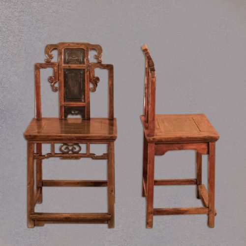 fig 1. Antique Pair of Hall Chairs, Chinese Elm, Lacquered Dining Seats Oriental c.1900