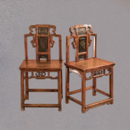 fig 2. Antique Pair of Hall Chairs, Chinese Elm, Lacquered Dining Seats Oriental c.1900