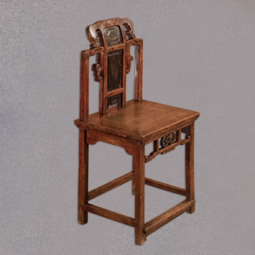 fig 3. Antique Pair of Hall Chairs, Chinese Elm, Lacquered Dining Seats Oriental c.1900