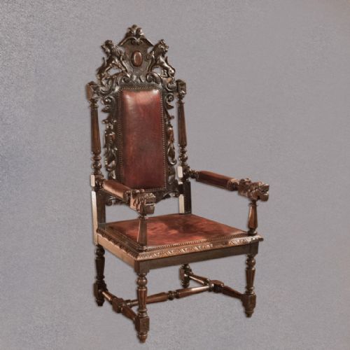 Antique Gothic Revival Hall Chair, Victorian, Carved English Oak, Leather C.1880
