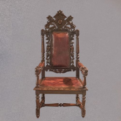 fig 1. Antique Gothic Revival Hall Chair, Victorian, Carved English Oak, Leather c.1880