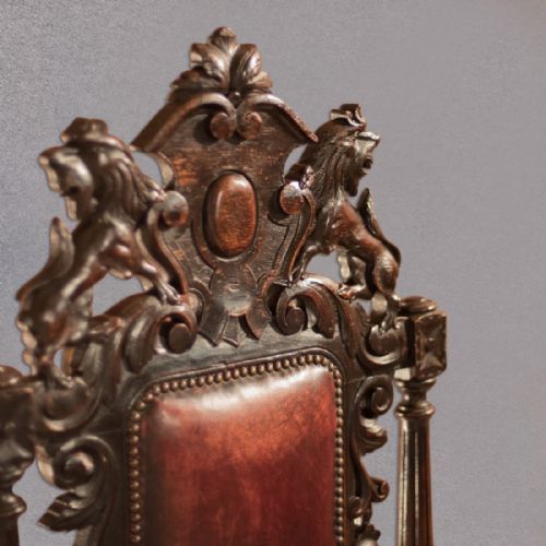fig 3. Antique Gothic Revival Hall Chair, Victorian, Carved English Oak, Leather c.1880