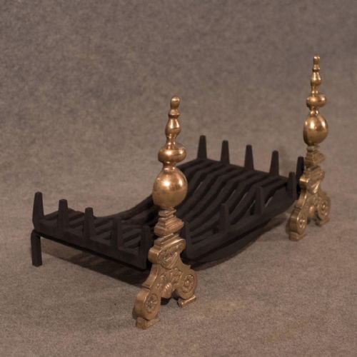fig 2. Antique Brass & Cast Iron Fire Basket Chimney Hearth Fireplace Iron Grate c1900