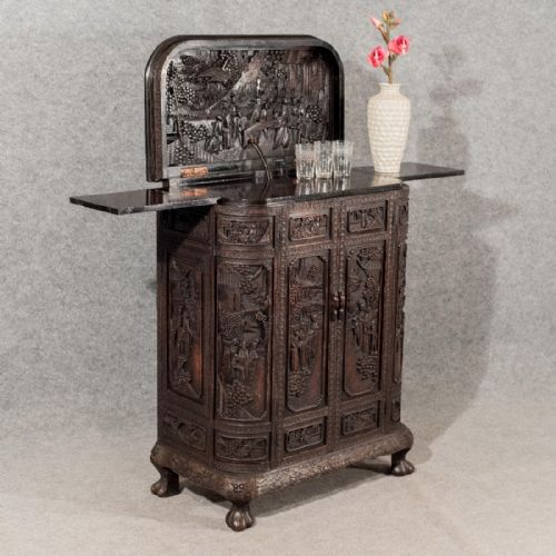 Antique Cabinet Chinese Carved Mahogany Oriental Steampunk Drinks Display C1900