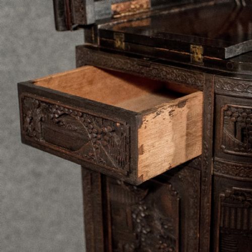 fig 3. Antique Cabinet Chinese Carved Mahogany Oriental Steampunk Drinks Display c1900