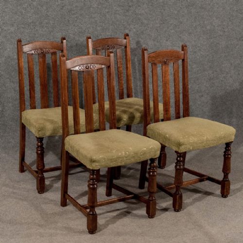 Antique Dining or Kitchen Chairs X 4 Comfy Upholstered Seats Edwardian Oak C1910