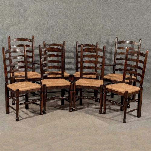 Antique Set 8 Oak Dining Kitchen Chairs Lancashire Ladder Back Top Quality C1940