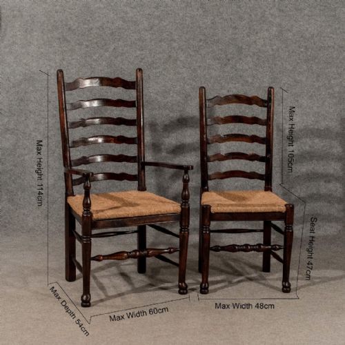 fig 1. Antique Set 8 Oak Dining Kitchen Chairs Lancashire Ladder back Top Quality c1940