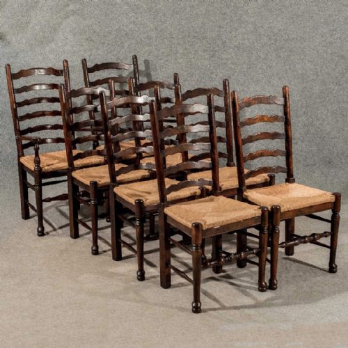 fig 2. Antique Set 8 Oak Dining Kitchen Chairs Lancashire Ladder back Top Quality c1940