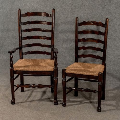 fig 4. Antique Set 8 Oak Dining Kitchen Chairs Lancashire Ladder back Top Quality c1940