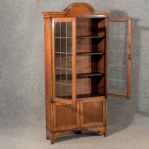 Antique Bookcase Display Cabinet Oak English Quality Lead Glass Edwardian C1910